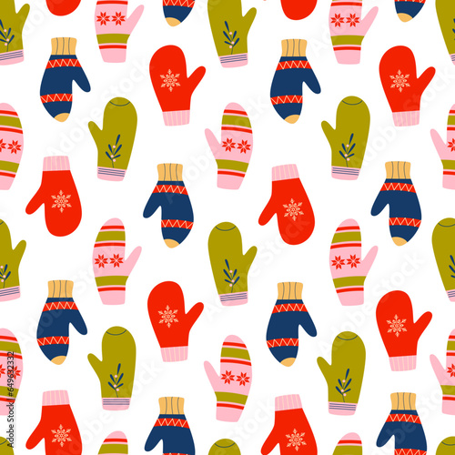 Woolen colorful children's mittens seamless pattern. Winter warn accessories, gloves. Cozy season. Christmas, New Year celebration. Retro vintage colors.