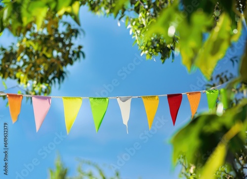 colorful pennant string decoration in green tree foliage on blue sky, summer party background. AI Generated.
