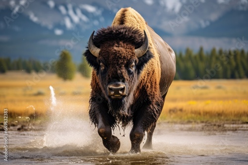 Bison in Yellowstone National Park in Wyoming in the United States of America, american bison, AI Generated photo