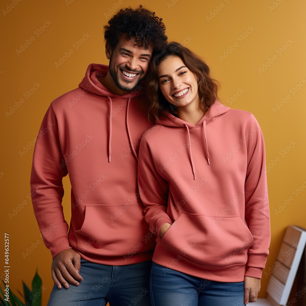 Fototapeta premium Illustration of a fashioncouple portrait with plain hoodie mockup, AI Generated