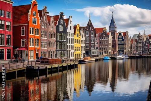 Canals of Amsterdam. Holland. Holland. Netherlands. Europe. Amsterdam Netherlands dancing houses over river Amstel landmark, AI Generated
