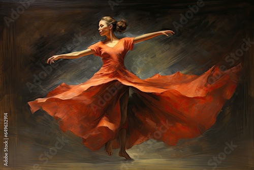 Beautiful girl in a long red dress dancing flamenco. an action flying dance pose of a woman dancing ballet, oil painting style, AI Generated photo