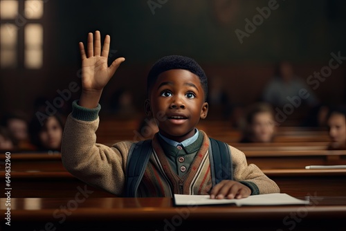 African american boy sitting at the table and raising his hand in the classroom, An African American boy raises his hand for an answer in class, AI Generated