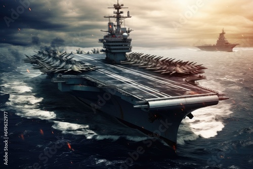 Futuristic aircraft carrier in the ocean. 3D rendering. An aircraft carrier, AI Generated
