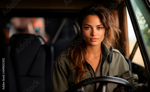 Portrait of a beautiful girl driver. Professions concept