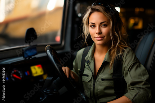 Portrait of a beautiful girl driver. Professions concept