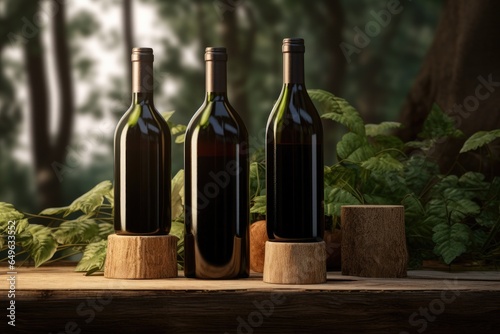 Wine tasting with bottles on a wooden table in a rustic style among a picturesque vineyard.