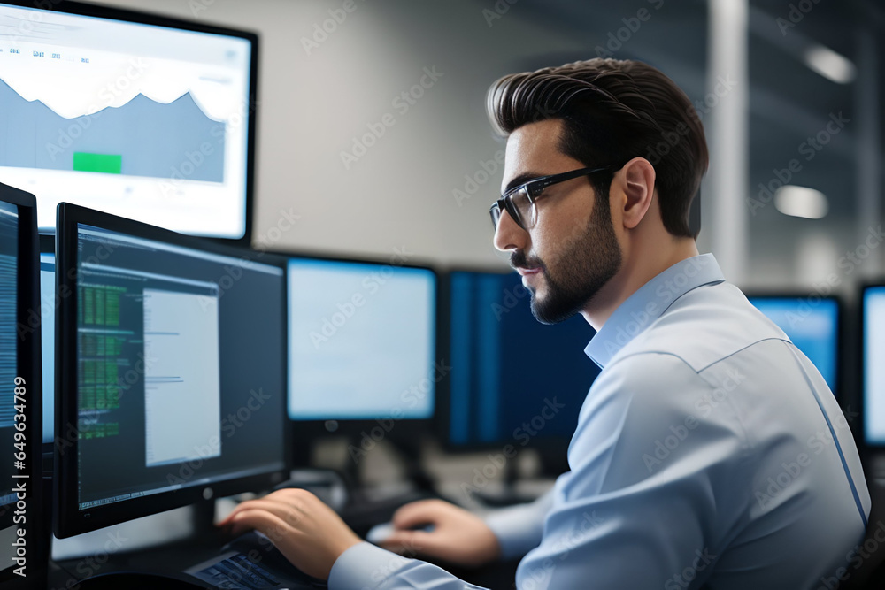 Young male programmer writing program code sitting at the workplace with three monitors in the office. Generative AI Young male programmer writing program code sitting at the workplace with three monitors in the office. Generative AI