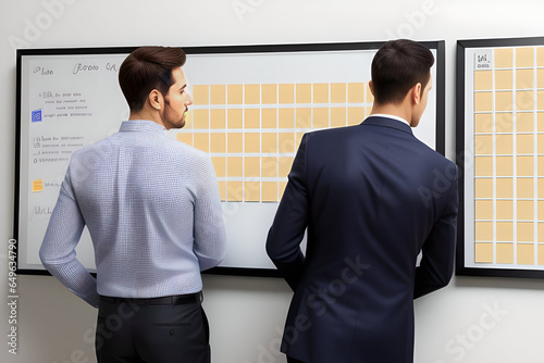 Agile Business Team Using Kanban Task Board. Brainstorm meeting with colorful sticky paper note for new ideas. Using agile methodology and do business. Tech start-up office. Generative AI