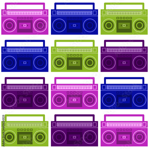 Seamless pattern with retro ghetto blaster, stereo cassette player.