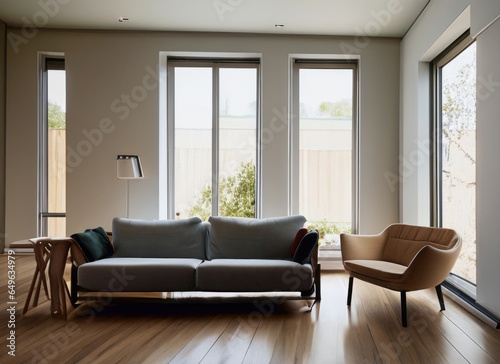 modern room with chair and big windows  built in minimal room tone  oak modern couch. AI Generated.