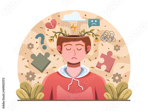 Vector illustration emotional challenges in mental health, including anxiety, frustration, and mood swings—a depiction of the mental health journey. 
Perfect for infographics, banner, animation, web.
