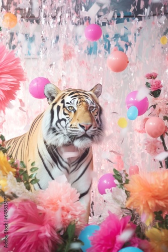 A vibrant and joyous birthday party is in full swing, with a majestic tiger surrounded by a flurry of pastel confetti, cheerful balloons, and delicate flowers, the start of a new year filled with lov © Glittering Humanity