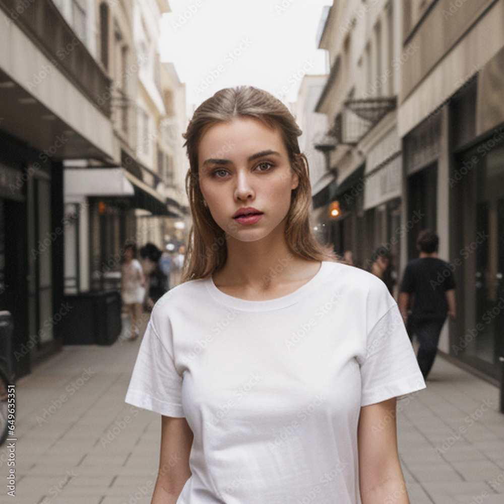 beautiful blonde woman in the city with white t-shirt