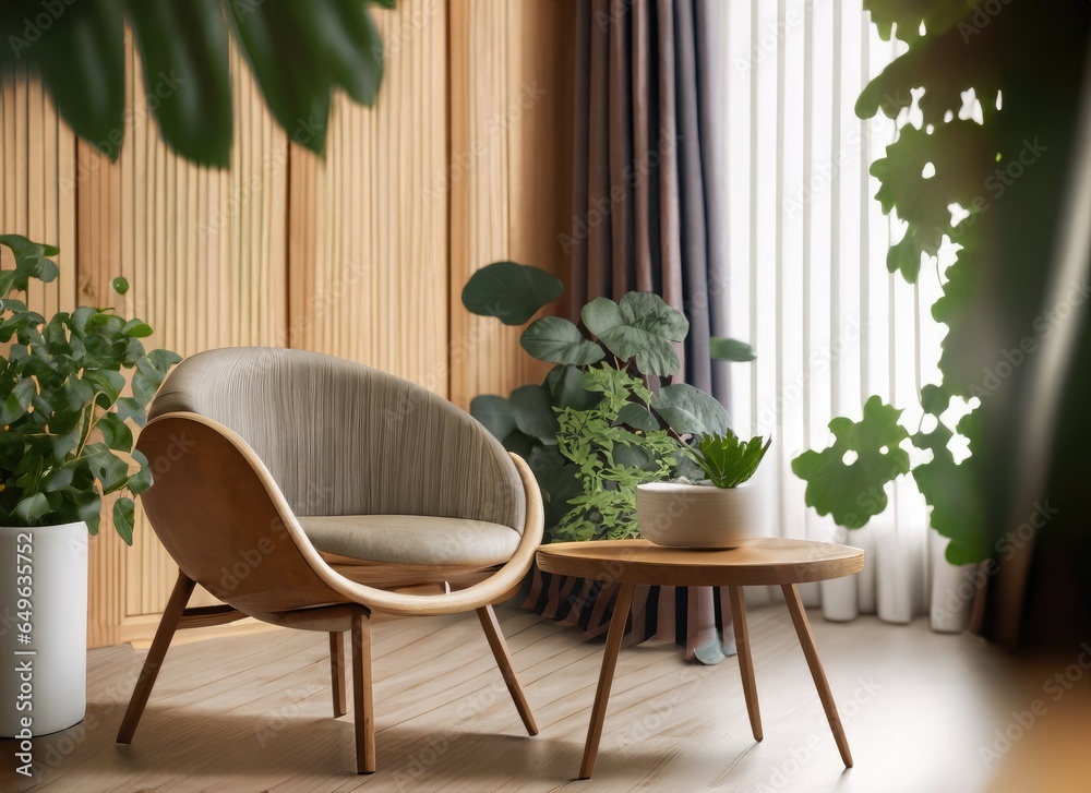 chair and round wooden coffee table against window near paneling wall. AI Generated. chair and round wooden coffee table against window near paneling wall. AI Generated.