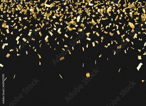 raining gold confetti isolated on black, party background concept with copy space for award. AI Generated.