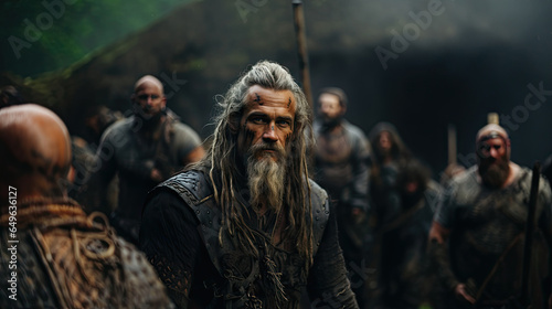 Medieval viking warrior with long hair and beard in the forest, looking at the camera.