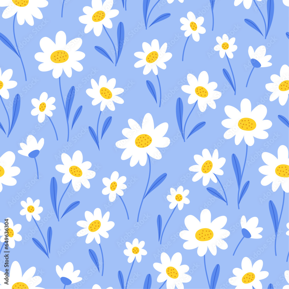 Seamless patterns with daisy flower on blue background. Hand drawn vector illustration. Summer cute texture. Seamless patterns with daisy flower on blue background. Hand drawn vector illustration. Summer cute texture.