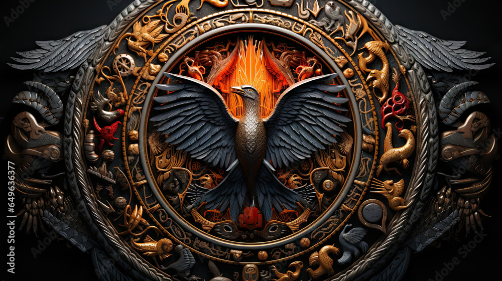 Obraz premium Viking shield with a burning eagle on a black background.