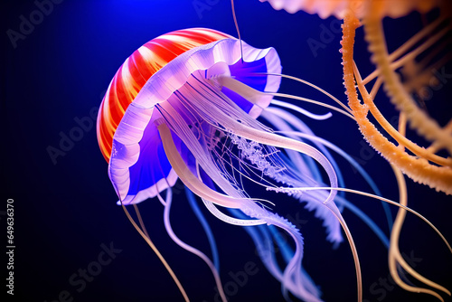 bright poisonous jellyfish swim in blue water, background, closeup, Generative AI