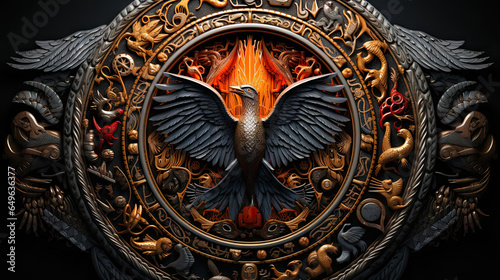 Viking shield with a burning eagle on a black background. photo