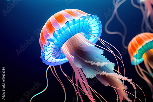bright poisonous jellyfish swim in blue water, background, closeup, Generative AI