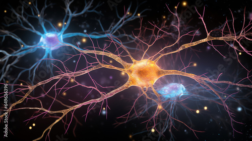 Brain neurons are cells that transmit electrical signals, forming neural networks crucial for cognitive memory functions and learning processes, computer Generative AI stock illustration image photo