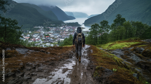A male hiker with a backpack walking on a muddy path in the rain