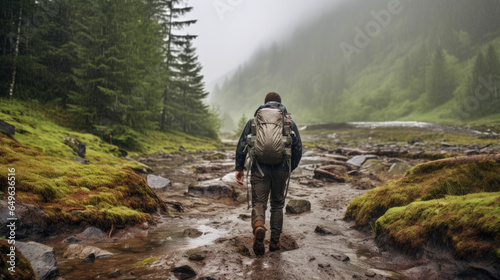 A male hiker with a backpack walking on a muddy path in the rain © moon