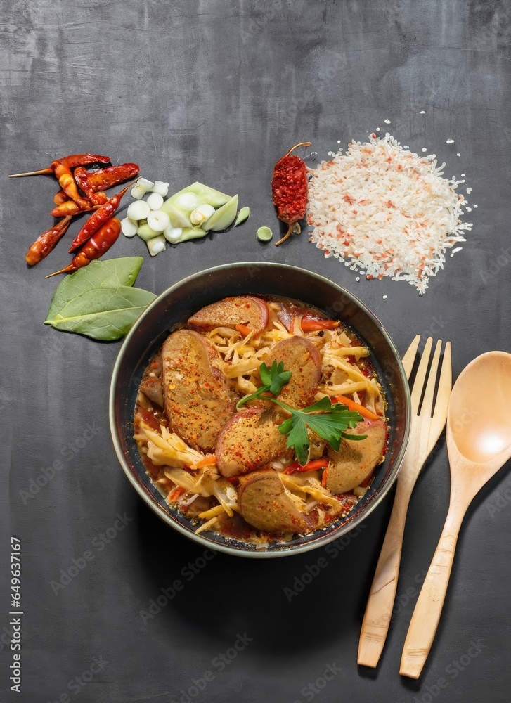 Traditional Thai food with spices on dark background with space for text. AI Generated. Traditional Thai food with spices on dark background with space for text. AI Generated.