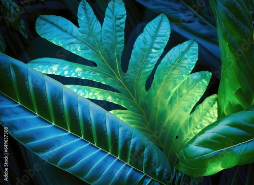 Tropical Leaves Illuminated with Blue and Green. AI Generated.