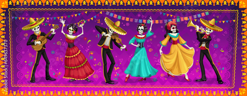 Day of Dead or Dia De Los Muertos Mexican holiday vector characters of Catrina, skeletons and mariachi musicians. Dia de Los Muertos fiesta music band in sombreros with guitars, trumpets and violins