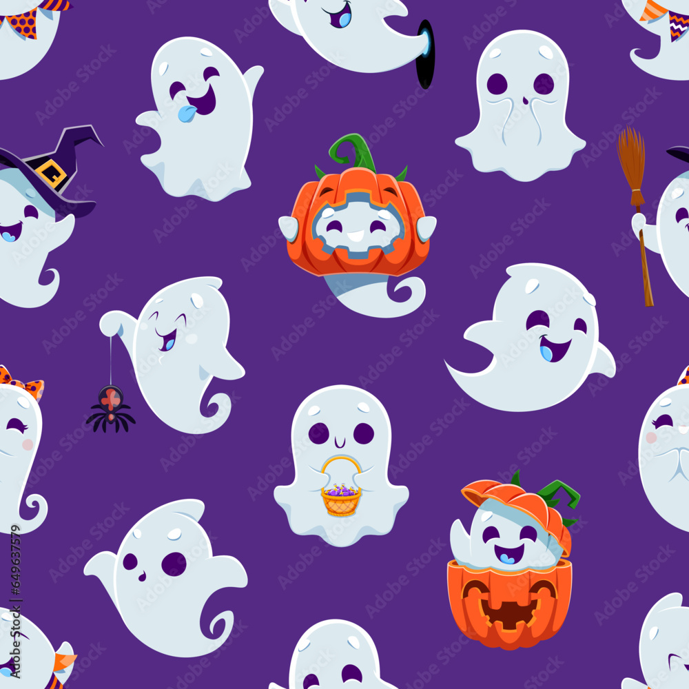 Obraz premium Cartoon cute kawaii Halloween ghost monsters seamless pattern, vector background. Halloween holiday horror night pattern of funny spooky ghosts with boo faces in pumpkin in witch hat with spider toy