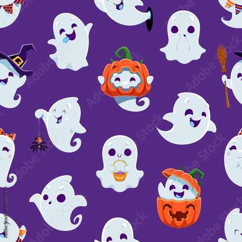 Cartoon cute kawaii Halloween ghost monsters seamless pattern, vector background. Halloween holiday horror night pattern of funny spooky ghosts with boo faces in pumpkin in witch hat with spider toy