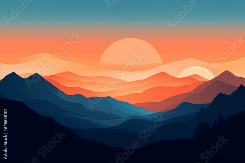 Flat style abstract minimalistic aesthetic mountains landscape background. Orange and blue colors.