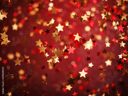 Golden shiny stars on a red background, festive New Year greeting background
