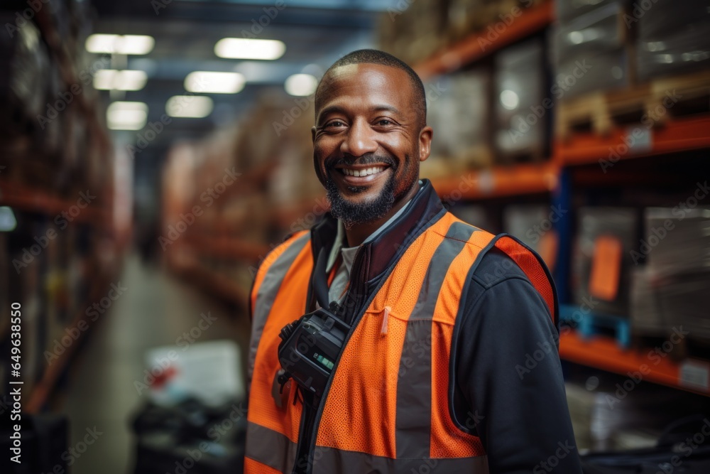 happy black man standing in warehouse happy black man standing in warehouse