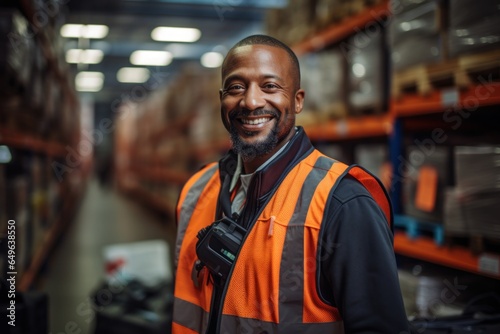 happy black man standing in warehouse