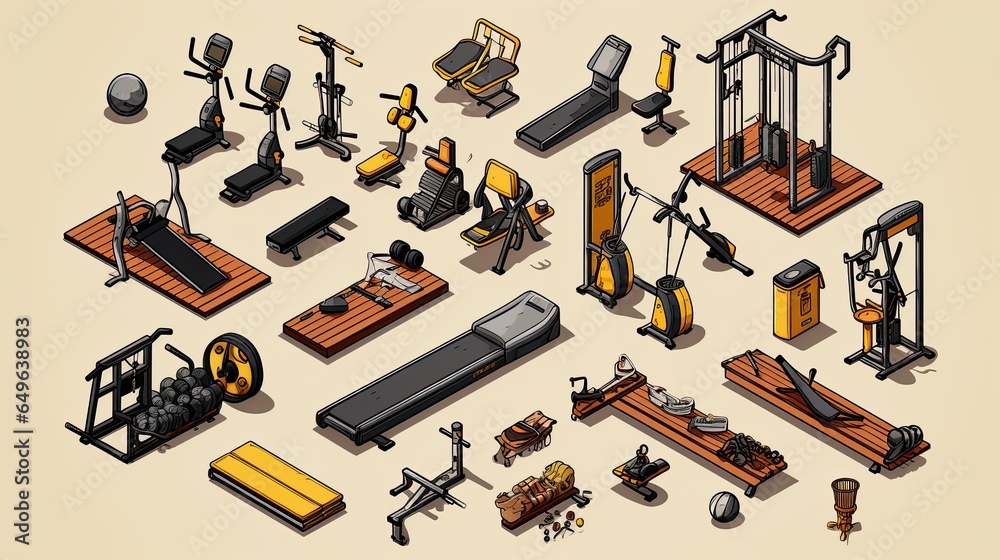 Training apparatus for the gym. Isometric set of fitness equipment symbols. Flat vector illustration. - obrazy, fototapety, plakaty 