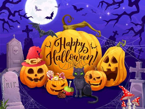 Cartoon Halloween characters and sweets on cemetery midnight landscape, vector holiday night pumpkins. Halloween trick or treat party poster with scary pumpkins, RIP tombstones and creepy candy sweets