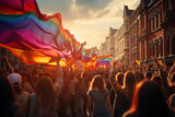 silhouette of a parade of gays and lesbians with a rainbow flag - symbol of love and tolerance