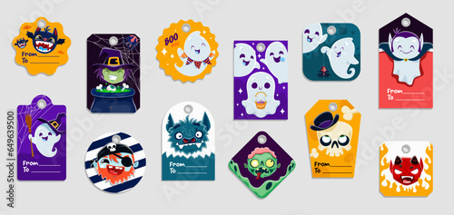Halloween holiday gift tags. Isolated vector badges with cute ghosts, skull in bowl hat, witch with cauldron. Zombie, pirate, devil and bat with spook vampire. Decorative festive cards for presents