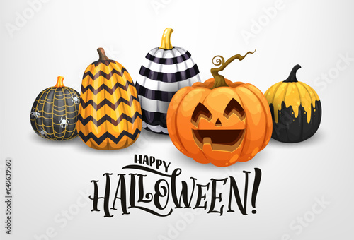 Cartoon Halloween pumpkins with holiday ornament. Festive congratulation banner, featuring spooky jack lantern face and painted gourds, create a delightful and eerie ambiance for the spooky season