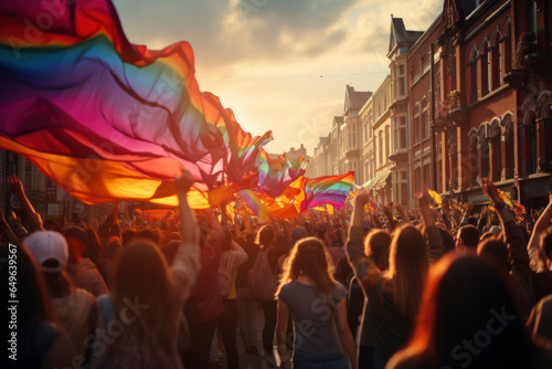silhouette of a parade of gays and lesbians with a rainbow flag - symbol of love and tolerance © Tjeerd