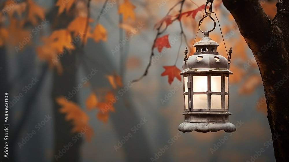 vintage lighted lantern, in the autumn fog and the atmosphere of the yellow leaves of the park, light in the fog of October