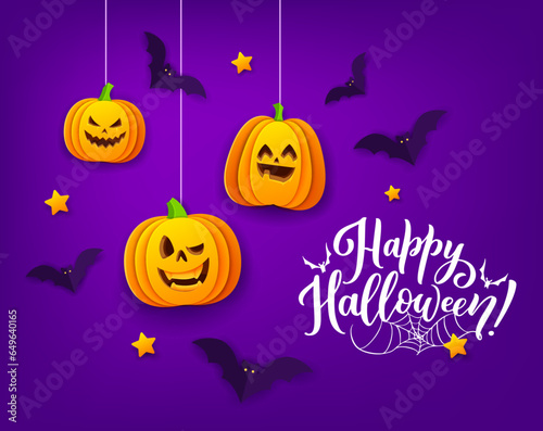 Halloween paper cut pumpkins and flying bats, spooky trick or treat holiday greeting card. Vector 3d papercut hanging pumpkin lanterns with carved funny faces, origami bats, gold stars and cobweb