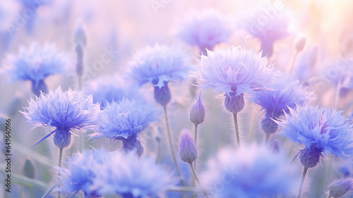 delicate blue flowers  soft pastels  cornflowers in the morning mist on a wild field