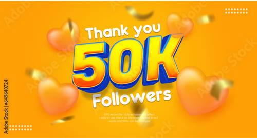 Vector banner thank you 50k followers with editable text 3d style 3