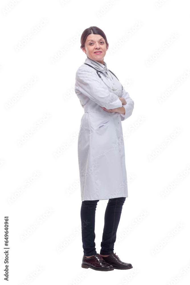 Female doctor full body side view on white background Female doctor full body side view on white background