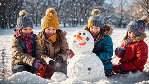 happy beautiful children playing with snow
